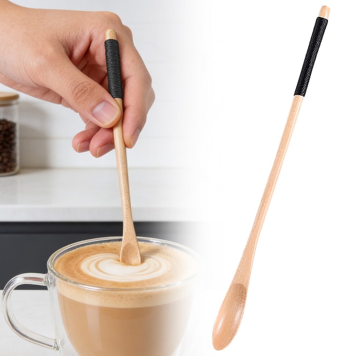 Lingura de amestecat din lemn, maner lung, pentru cafea si ceai, natural, 20 cm