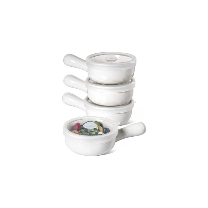 Boluri ceramice pentru supa 450ml cu capac siliconic, set 2 buc, alb