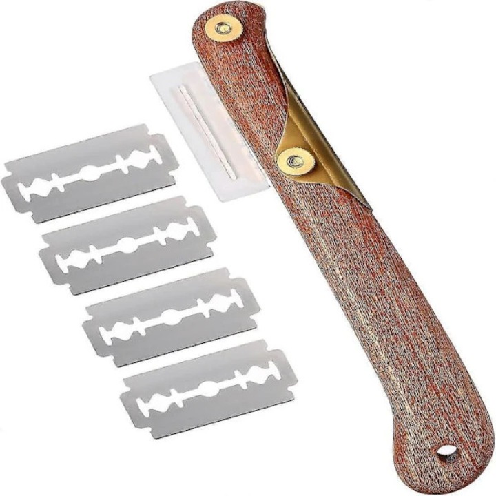 Cutit pentru feliat paine / taietor paine Q37/YY, din lemn, cu lame interschimbabile, cafea, 18.5x4.2x0.5 cm, 1 set