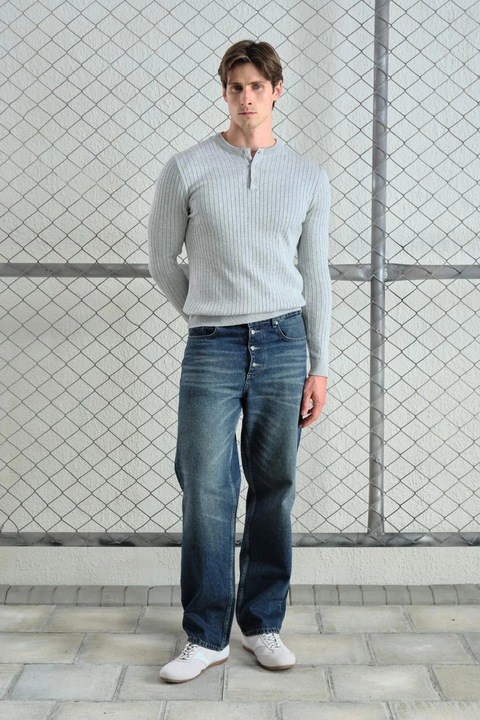 Bluza Slim Fit, Giesto, guler rotund, detalii cu nasturi, gri, bumbac