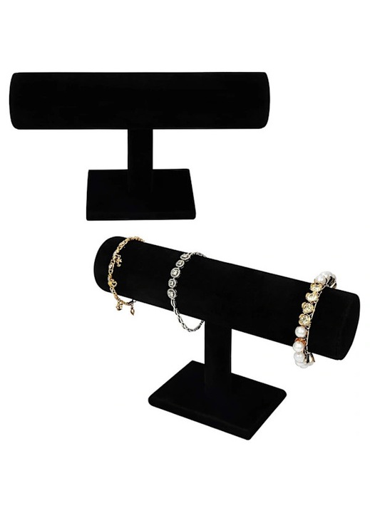 Set 2 suporturi bijuterii T-forma si bratari catifea neagra 23.5x5cm 15.5x10x7cm