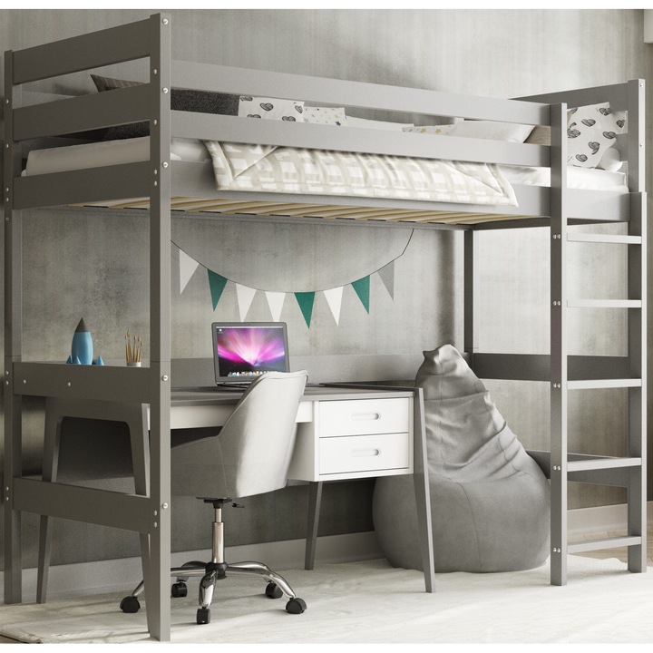 Pat supraetajat cu platforma inalta, Pat loft pentru copii, cu dimensiunile de 200 x 90 cm, cu cadru din lemn de pin in nuante de grafit si gri, fara saltea
