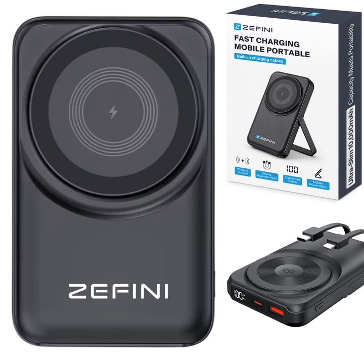 Baterie Externa Wireless Zefini™ P301, Power Bank Incarcare Rapida 10 000 mAh, Compatibil MagSafe, Incarcare Wireless 15W, Fast Charge 22, 5W, Acumulator Portabil, Compatibil iPhone & Android, Casti, Ceas, Stand Telefon, Display Procent Baterie, Negru Mat