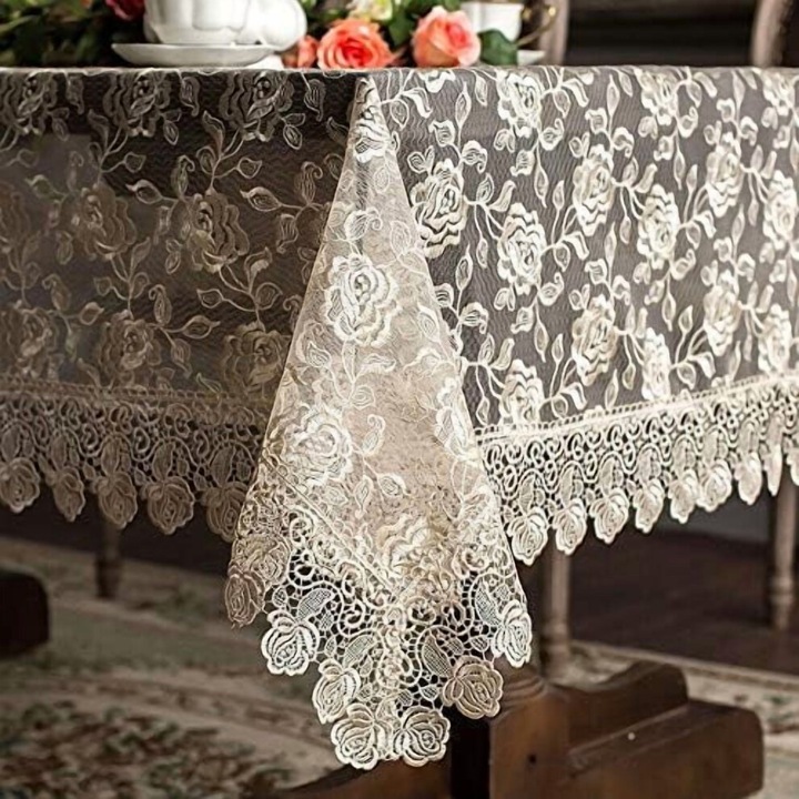 Vintage téglalap alakú asztalterítő, makramé csipke, arany, 150x210cm