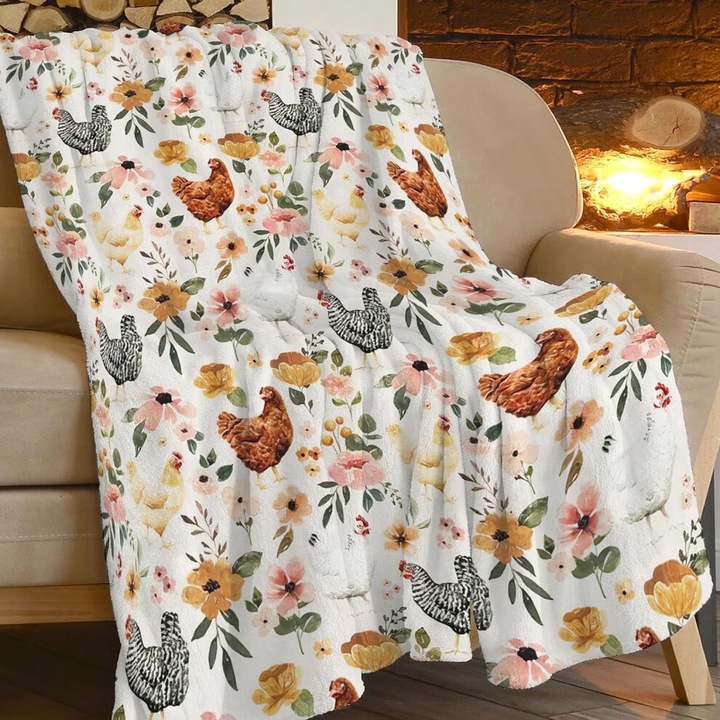 Patura flanela, model gaini si flori, 152x203 cm, moale si calda