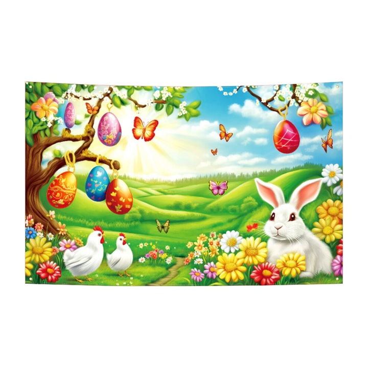 Fundal petrecere Paste, design oua si iepurasi, vinil, 1 buc, multicolor, 150x100cm