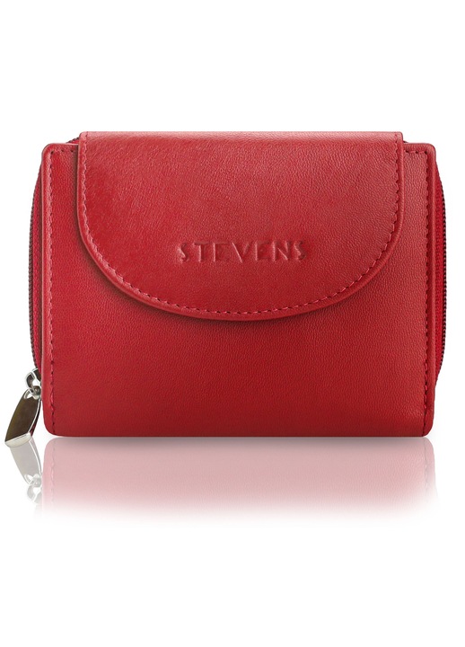 Portofel dama STEVENS, Piele naturala, Rosu, Mic, Orizontal, Protectie RFID