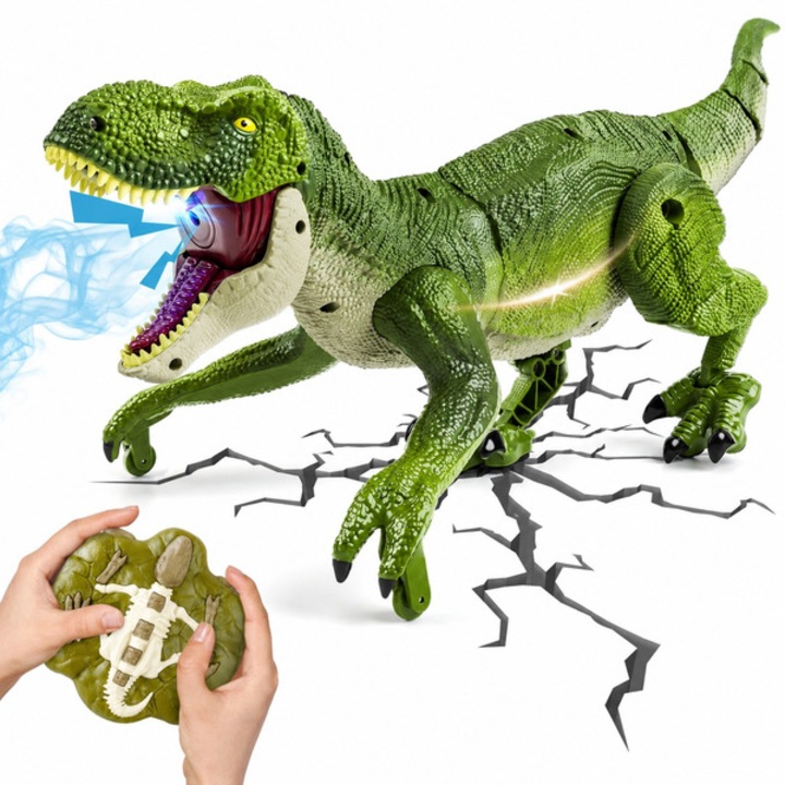 Dinoszaurusz játék, távirányítós, élethű sétatempóval, ordító hangokkal, fényekkel és izgalmas füstpermet-effektussal, újratölthető akkumulátor, 30+ perces játékidő - DINORAPTOR JOJOY®