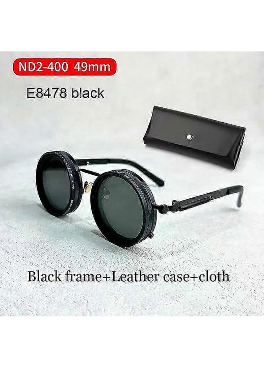 Ochelari de soare, Retro Punk, rotunzi, negri, 49mm