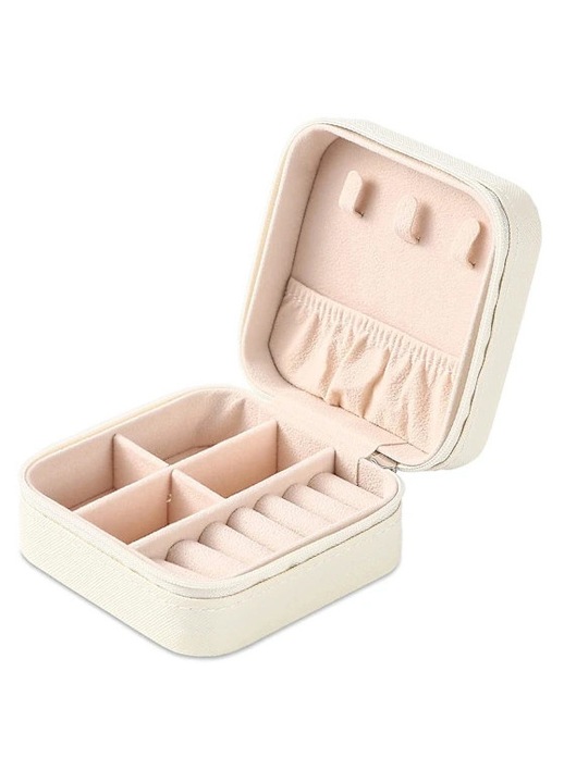 Mini fehér ékszerdoboz, PU bőr, 10x10x5cm, gyűrű és nyaklánc rendszerező