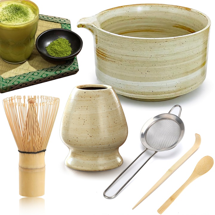 Set de ceai matcha 6 piese, Include un bol pentru matcha, un tel pentru matcha, un suport, o sita, 2 lingura.Ceramica, DIY matcha.superioara, durabil.Un cadou perfect pentru iubitorii de ceai, Instrument ideal pentru amestecare, amestecare si spumare