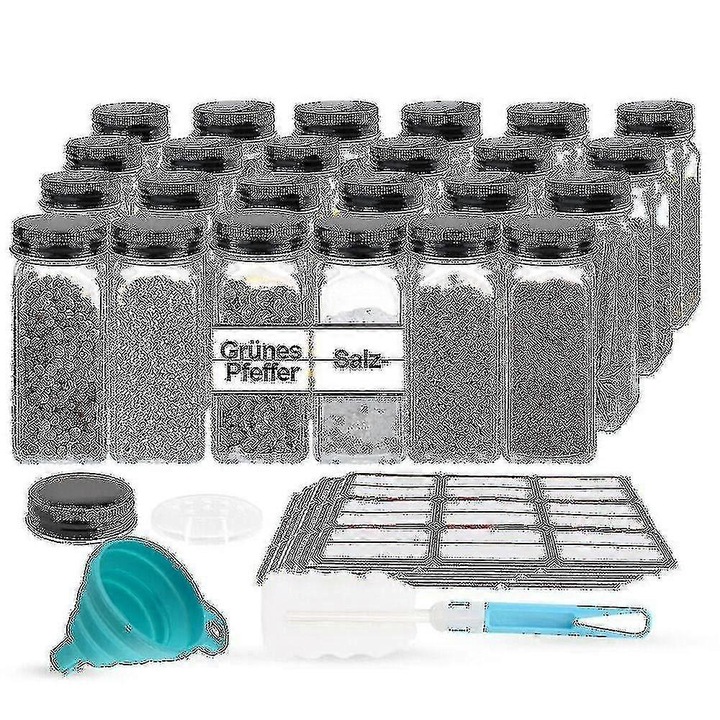 Set 24 borcane sticla condimente 120ml patrate capac aluminiu accesorii multicolor 10.5x4.3cm