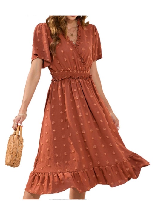 Rochie de dama, cu buline, lungime medie, culoare maro, poliester