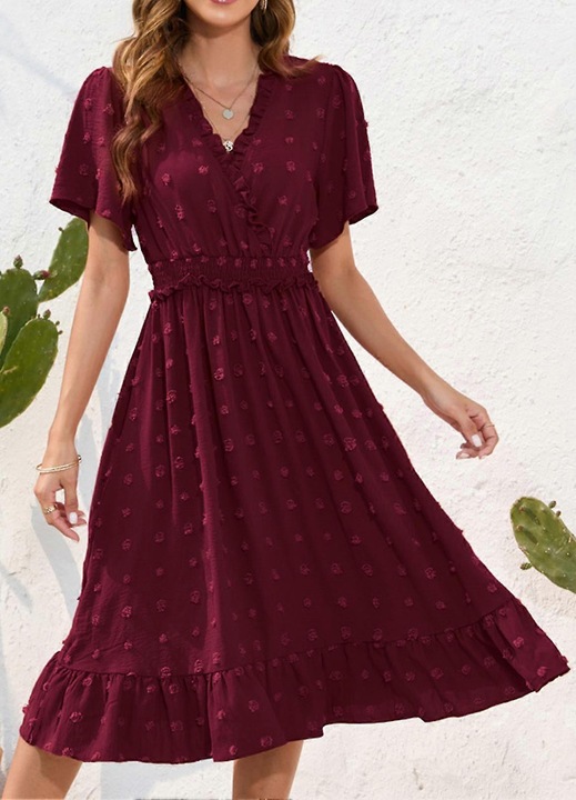 Rochie de dama, cu buline, volane, rosu, poliester