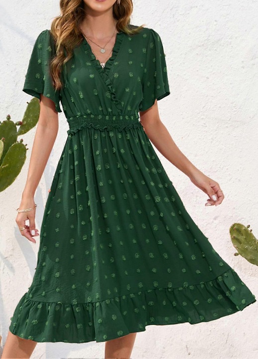 Rochie de ocazie, buline, verde, poliester, lungime medie, maneca scurta