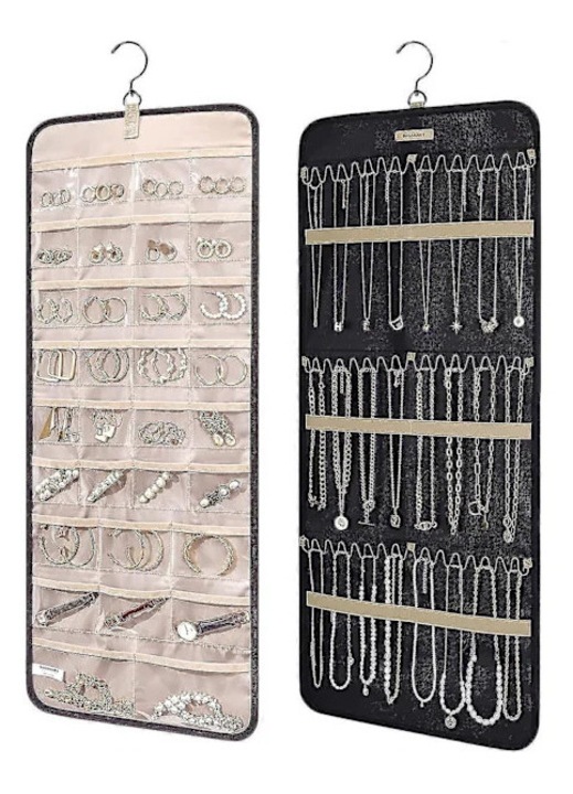 Organizator bijuterii agatat, dublu fata, 74 buzunare, negru, 36x84cm