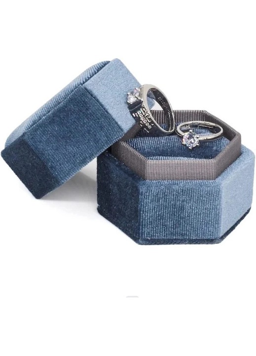 Cutie inel catifea hexagon dublu compartiment negru 6.2x5.5x5.2cm
