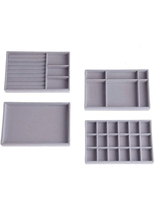 Tava organizatoare bijuterii, compartimente ajustabile, catifea gri, 30x20x5cm
