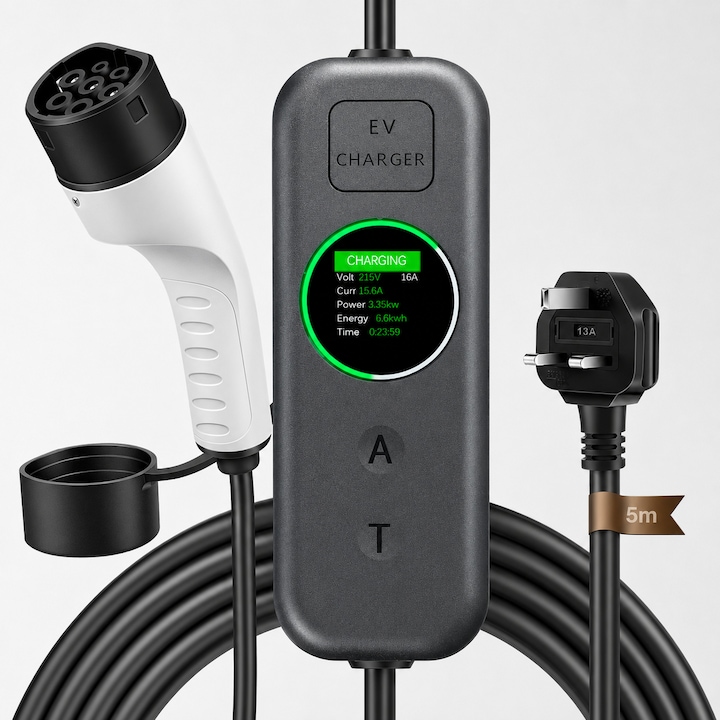 Incarcator Portabil Masina Electrica SZGULAIKE® EV Auto, Type 2, 3.5kW, 230V Monofazic, Reglaj Curent 8A/10A/13A/16A, Ecran LCD, IP65, Cablu 5m, Compatibil Tesla/Kia/Mercedes-Benz/Porsche/Chevrolet/Ford/Nissan/Volkswagen/BMW, Geanta Inclusa, Negru Mat
