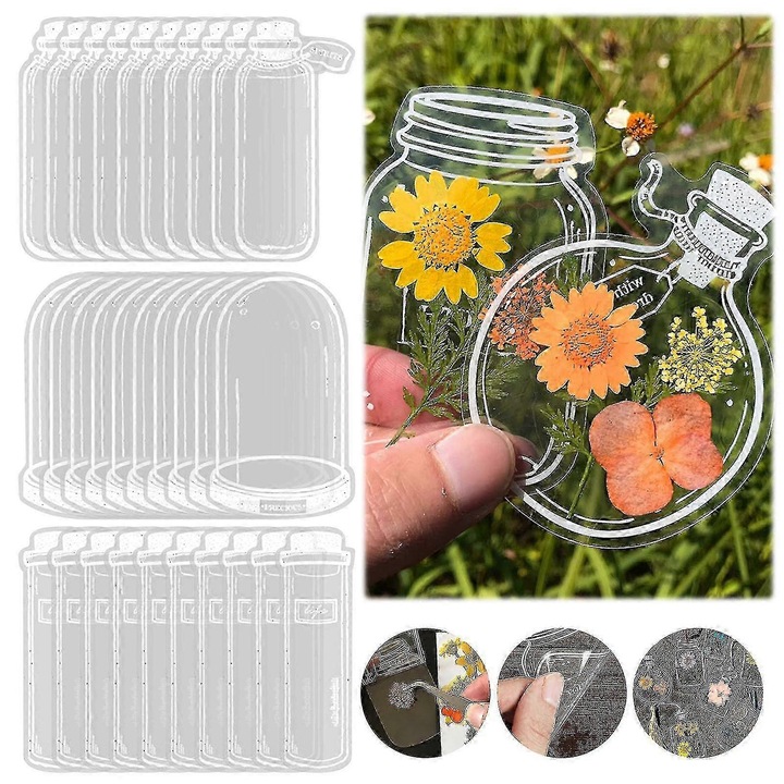 Set 30 semne de carte transparente cu flori uscate, multicolor, 30 buc