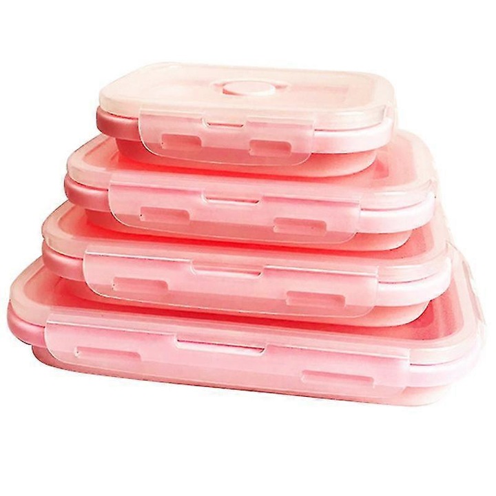Комплект от 4 сгъваеми силиконови кутии за храна, розови, 350ml-1200ml