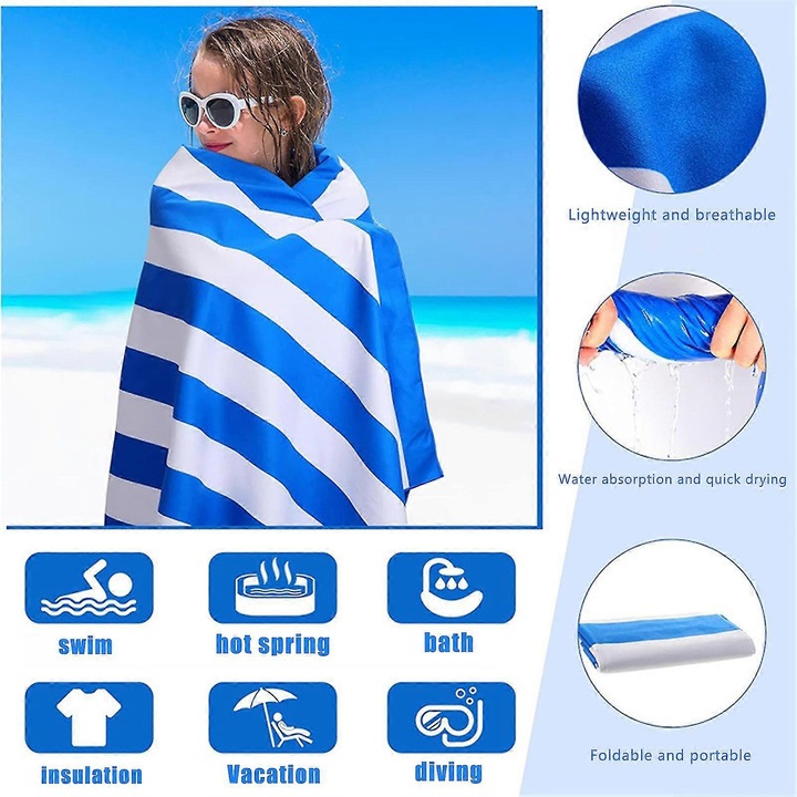 Prosop de plaja microfibra 90x180cm albastru oversized dungi uscare rapida