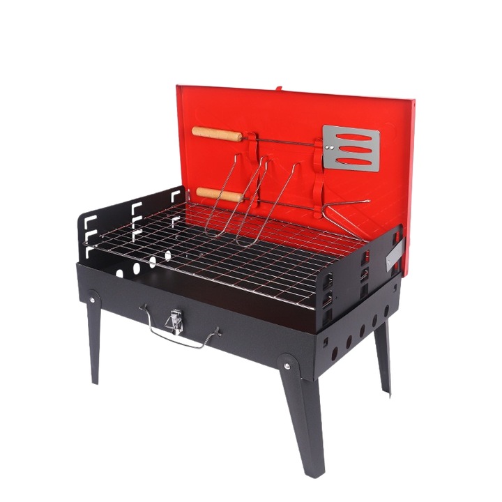Összecsukható grill, doboz típusú, hordozófogantyúval, tárolórekeszekkel, könnyen szállítható, evőeszközökkel együtt, szórt festett felület, alkalmas szabadtéri kempingezéshez, vasból, 45 × 30 × 8 cm, piros