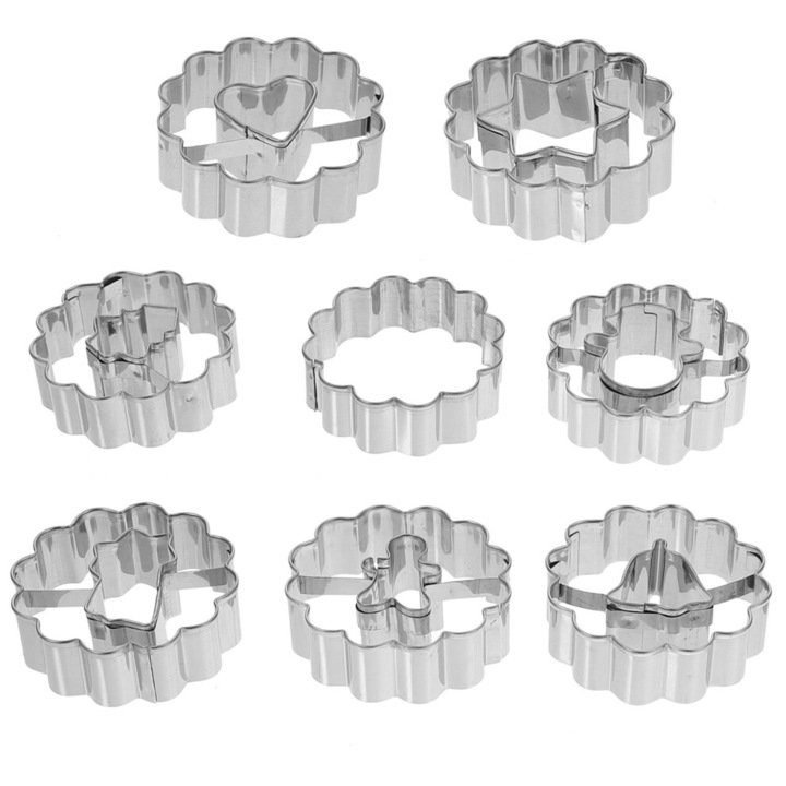 Set 8 forme metalice pentru prajituri diverse, argintiu, 6x6x2cm