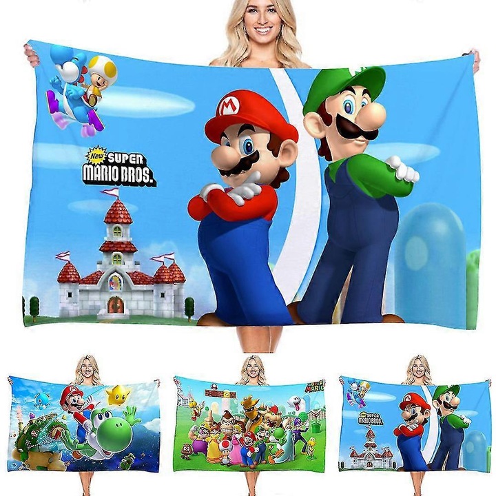 Prosop de plaja microfibra, Super Mario Bros, 75x150cm, absorbant, uscare rapida