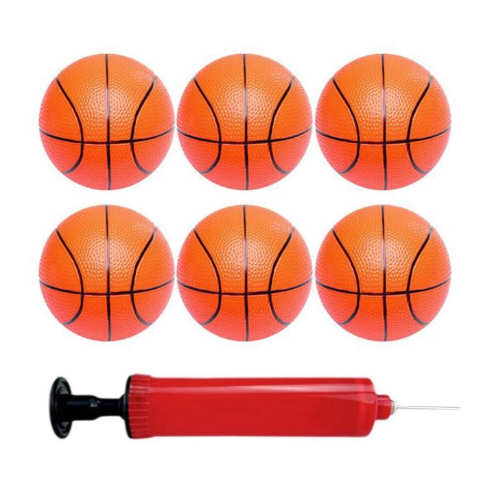 Set 6 mingi baschet mini PVC, rezistente, cu pompa, 10cm