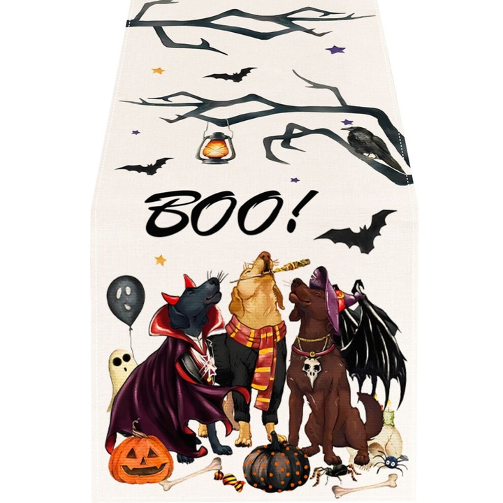 Halloween asztalterítő, 33x274cm, natúr színben, denevér és macska mintával