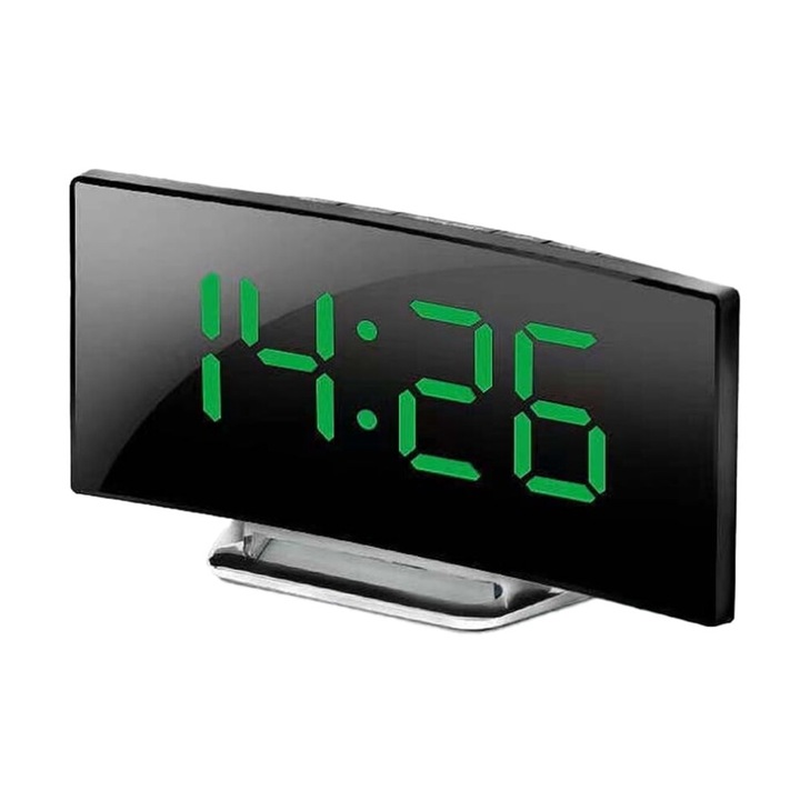 LED digitális tükör ébresztőóra USB portokkal, fekete, 15x7x4cm