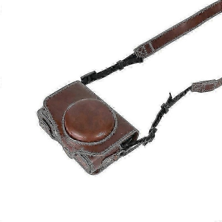 Geanta camera foto, piele PU, espresso, 20x15x10cm, cu curea umar