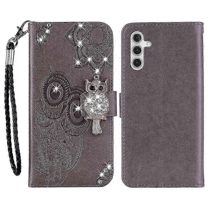 Husa telefon portofel piele cu imprimeu bufnita si flori, decorata cu rhinestone, roz gri, pentru Galaxy A16 5G 4G