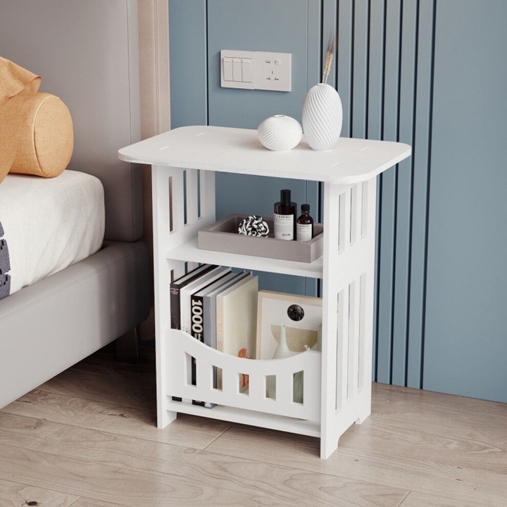 Noptiera moderna, alb, 40x32x22cm, dublu nivel, PVC