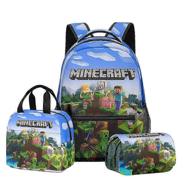 Set ghiozdan, geanta pranz, penar Minecraft multicolor 3 piese