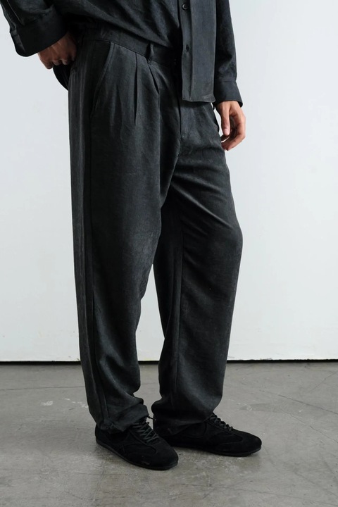 Pantaloni barbati, Giesto, croi drept, plisati, negru, 85% modal, 15% poliester