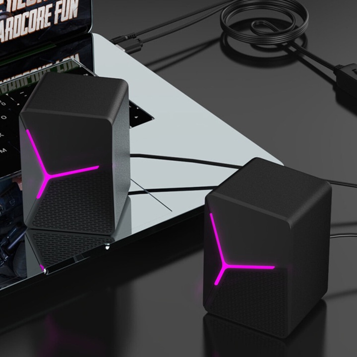 Boxe PC mini, RGB, USB, negru, 9.9x6.7x6.4 cm, set
