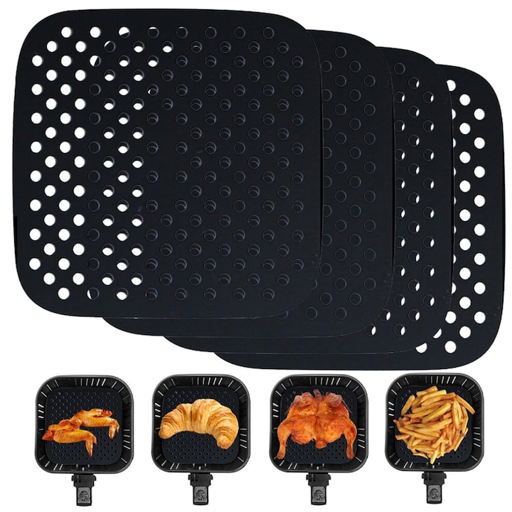 Set 4 Tavi din Silicon pentru Friteuza Aer, Patrate 8.5", Negre, Reutilizabile, Antiaderente