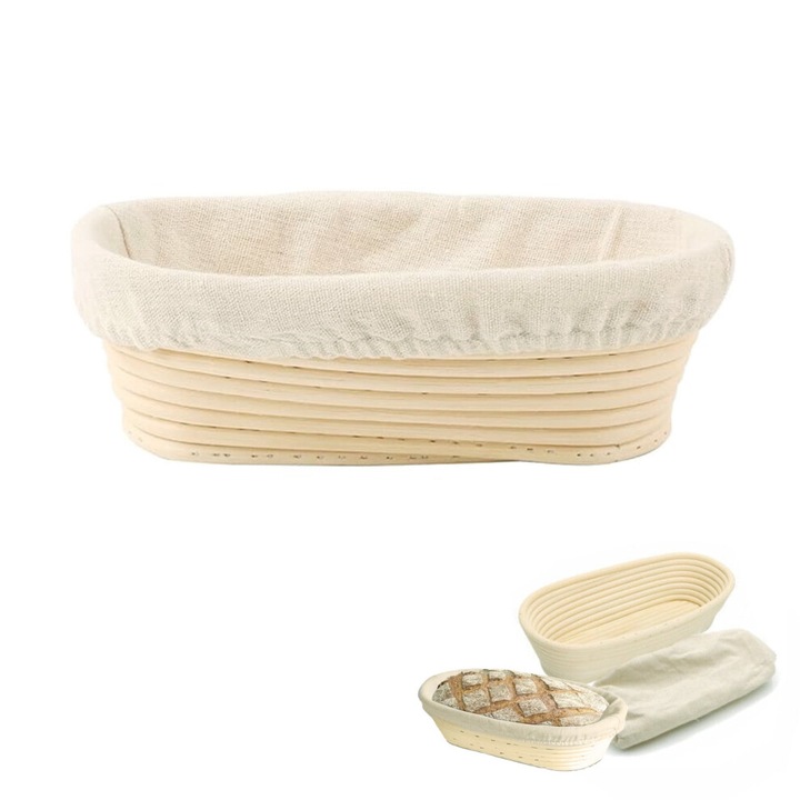 Cos de fermentare paine oval, ratan natural, 28x14x8cm, cu panza