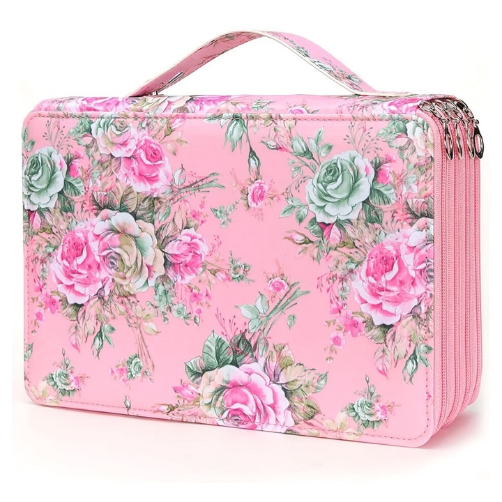 Penar 124 sloturi, material twill, roz, capacitate mare, 30x15x5cm