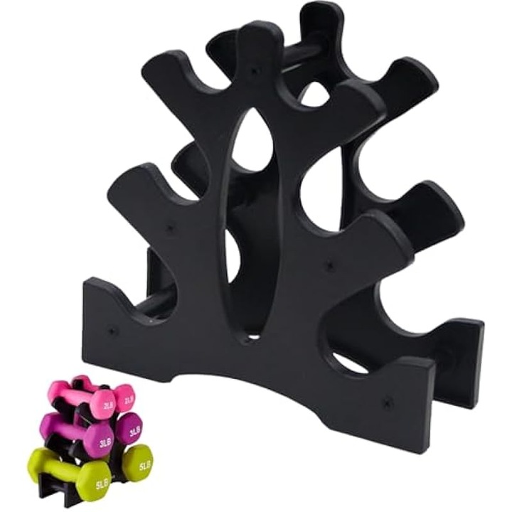 Suport gantere 3 niveluri, compact, rezistent, negru, 23x22.5x8.5cm
