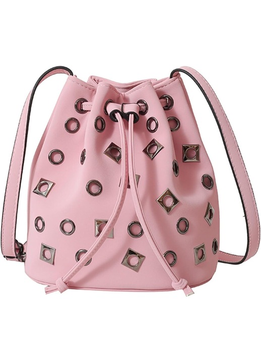 Geanta dama bucket mini piele ecologica rivetata neagra 23x15x21cm