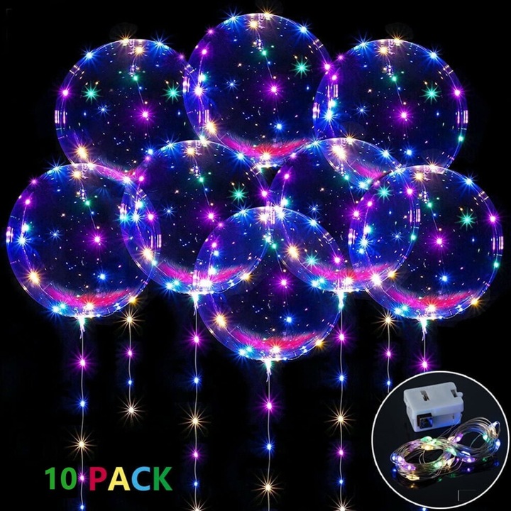 10 db LED Bobo léggömb szett, átlátszó, 50x50cm, többszínű fények