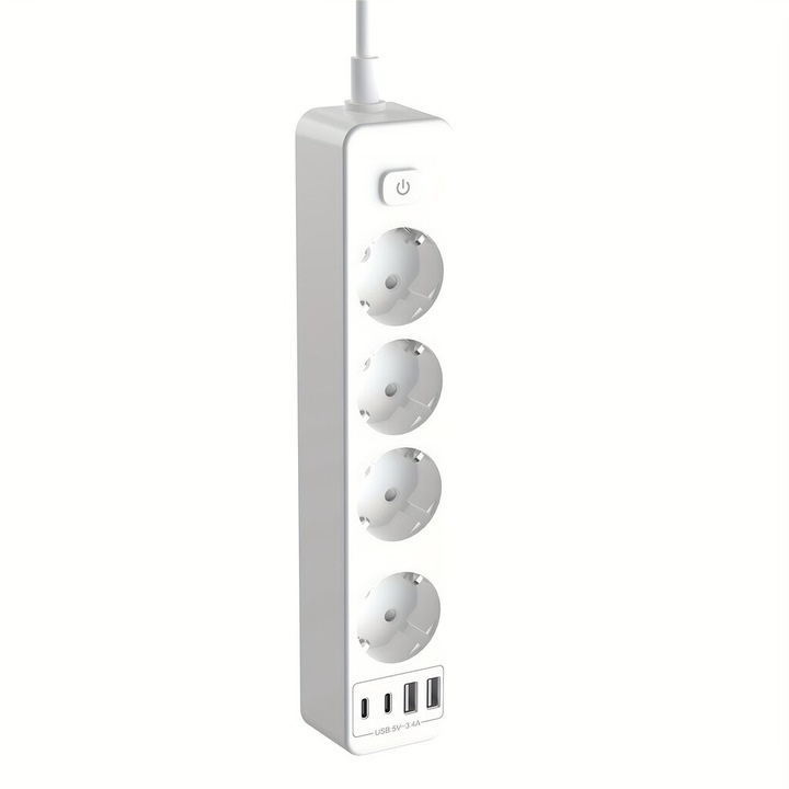 Разклонител с 4 контакта, 2 USB-A, 2 USB-C, бял, 1.8м, защита от пренапрежение 4000W