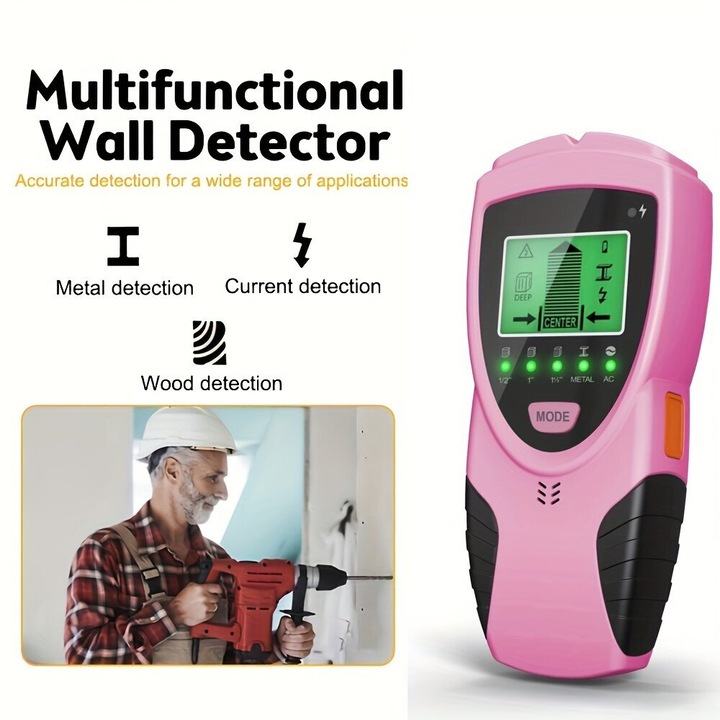 Detector perete 5 in 1 cu ecran LCD HD, microprocesor, detectare lemn metal cabluri 38mm adancime