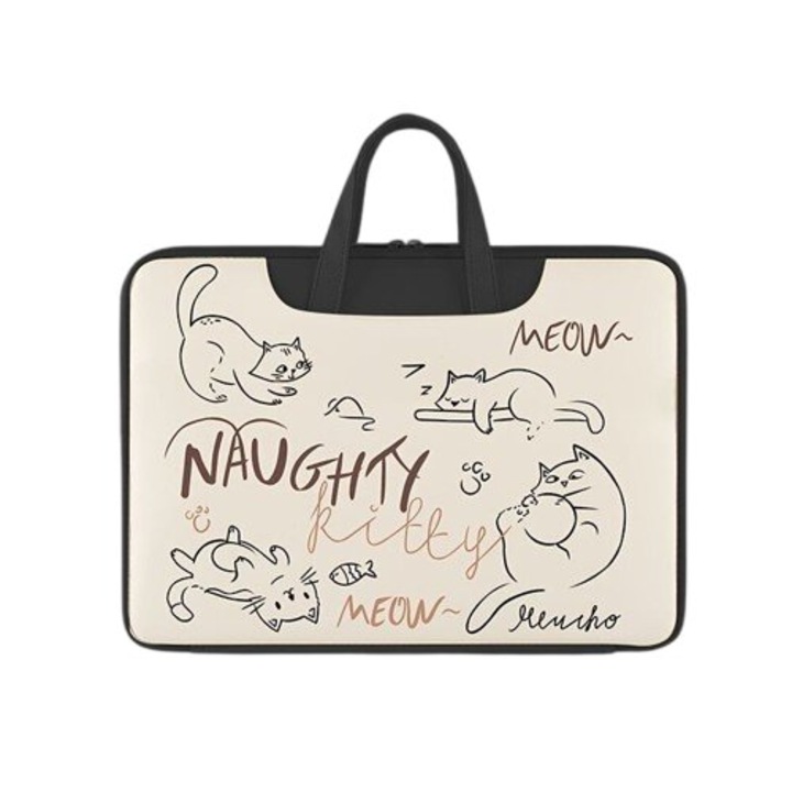 Husa laptop 13-16 inch, piele ecologica rezistenta la apa, interior moale, design graffiti pisica