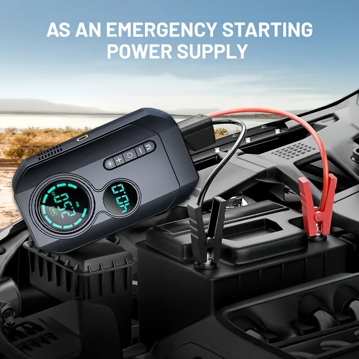 Compresor auto portabil, 8000 mAh, LED, negru
