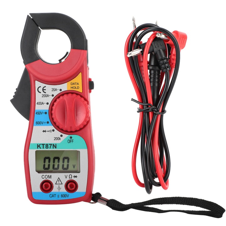 Ampermetru cu cleste KT87N, multimetru digital, 600V DC/450V AC, 20-400A, ecran LCD 3½ (max. 1999), functie data hold si protectie la suprasarcina, rosu, 150x63x28 mm
