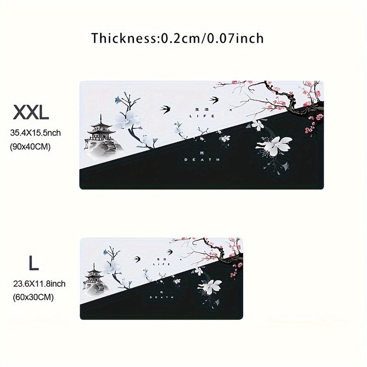 Mousepad, 90x40cm, design japonez sakura, baza cauciuc, margini cusute